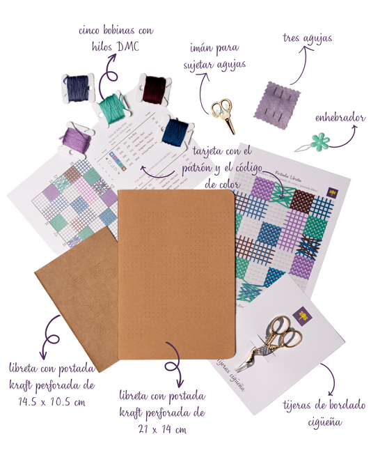 Set para bordar tu libreta - cuadros & tramas (gama violet)