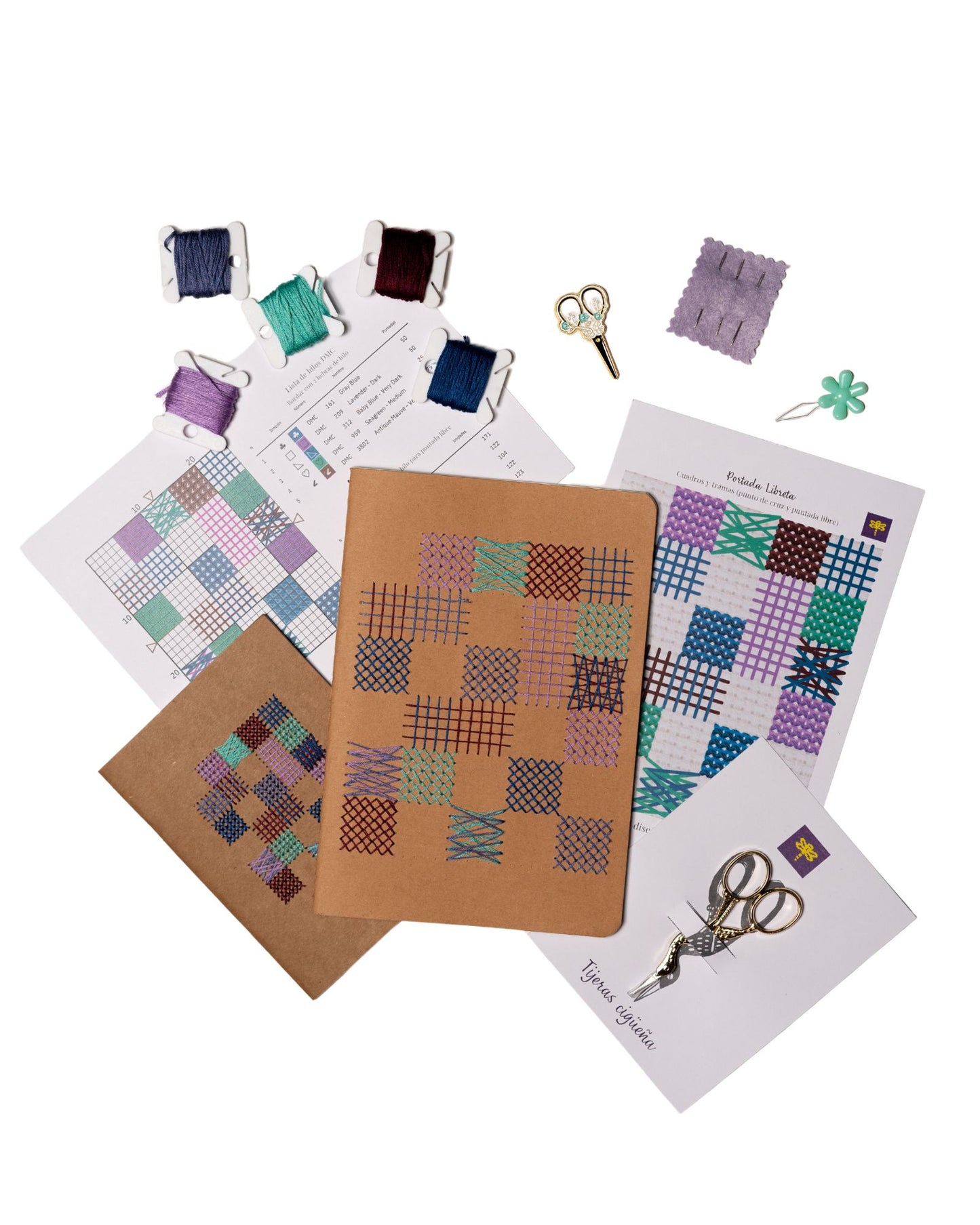 Set para bordar tu libreta - cuadros & tramas (gama violet)